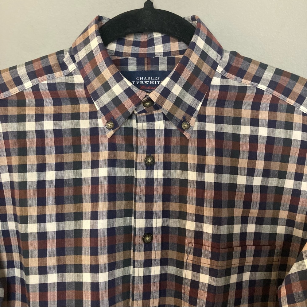Charles Tyrwhitt button down shirt classic fit small checkered plaid navy brown